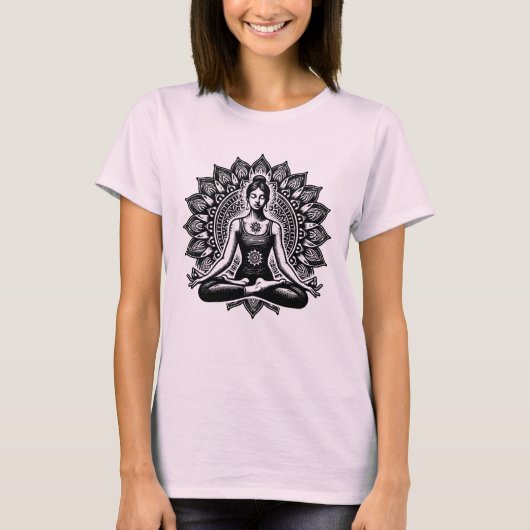 瞑想する少女のヨガポーズ 精神的健康 穏やかさ Tシャツ (正面)
