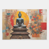瞑想する3体の仏の水彩画 ラッピングペーパーシート (正面2)