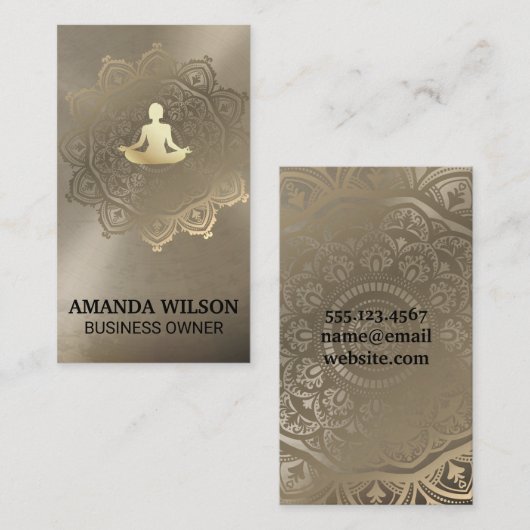 瞑想アイコン |金属製金ゴールドマンダラパターン 名刺 (正面/裏面)