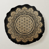 瞑想ピローフラワーオブライフ曼荼羅金ゴールド ラウンドクッション (裏面)