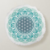 瞑想ピローマンダラフラワーの生活ティール(緑がかった色) ラウンドクッション (裏面)