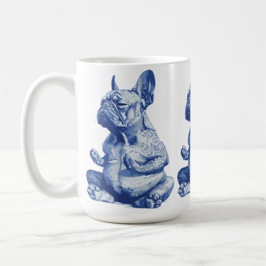 瞑想ポーズのブルドッグ 禅アート コーヒーマグカップ (左)