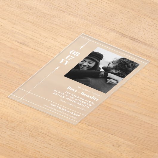 矢お洒落印はっきりした付き写真インフォーマル結婚ズ アクリル招待状 (レイダウン)