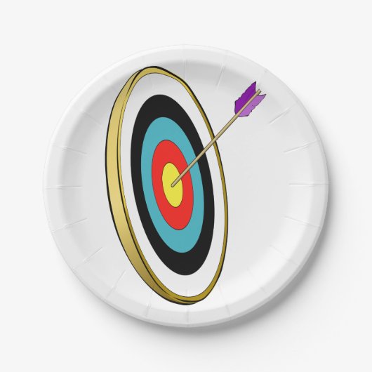 矢が中心に当たるブルズアイ・アーチェリー・ターゲット ペーパープレート (正面)