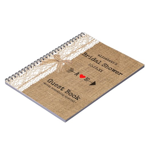 矢のバーラップのレースのイメージのブライダルシャワーの来客名簿| ノートブック (左側)
