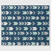 矢印の羽 – ネイビーブルーギフトラップ上のミント/グレー ラッピングペーパー (フラット)