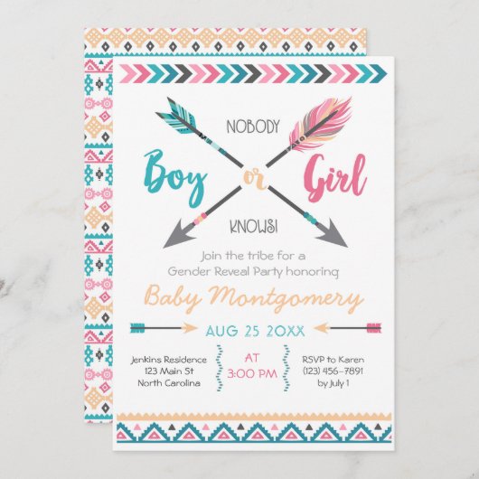 矢印ジェンダーパーティの招待状羽Boh 招待状 (正面/裏面)