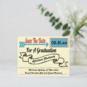 矢印モダンとリボンの卒業日付の保存 案内ポストカード (スタンド正面)