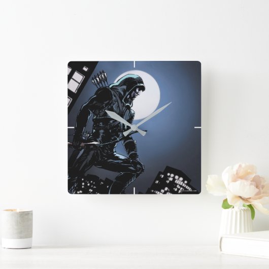 矢印 |月明かりの緑の矢印 スクエア壁時計 (ホーム)