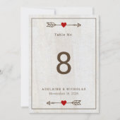 矢素朴印赤いハート結婚のテーブル番号カード (正面)