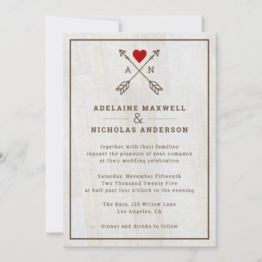 矢素朴印赤いハート結婚の 招待状 (正面)