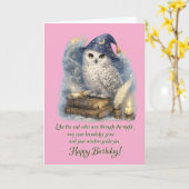 知恵と知識の雪のフクロウ 誕生日おめでとう カード (黄色い花)