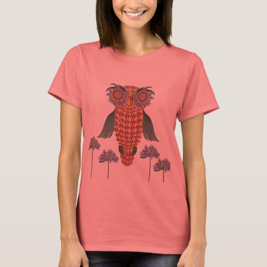 知恵と花のフクロウ Tシャツ (正面)