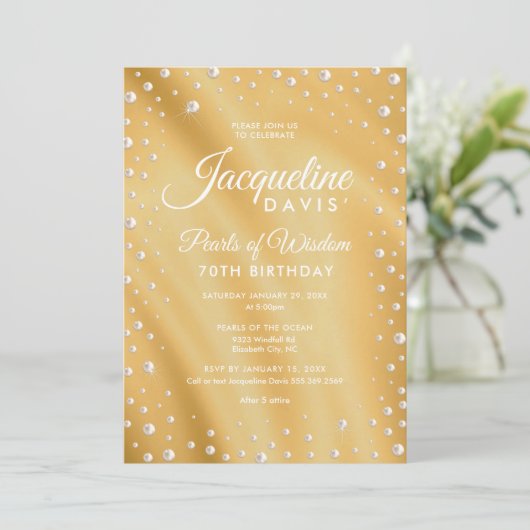 知恵の真珠と金ゴールドの誕生日 招待状 (スタンド正面)