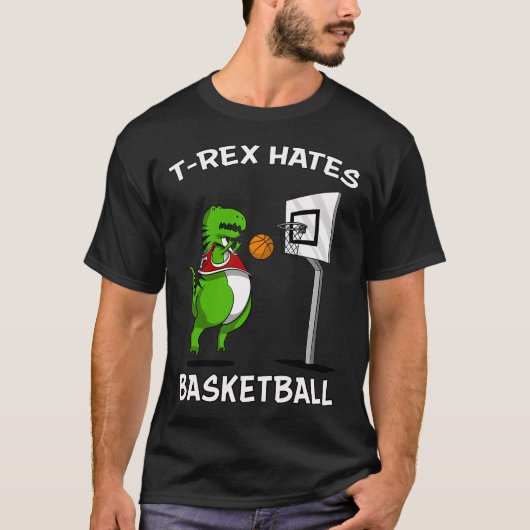短い腕がコンプレックスのTレックスのバスケ嫌い 恐竜の面白グッズ Tシャツ (正面)