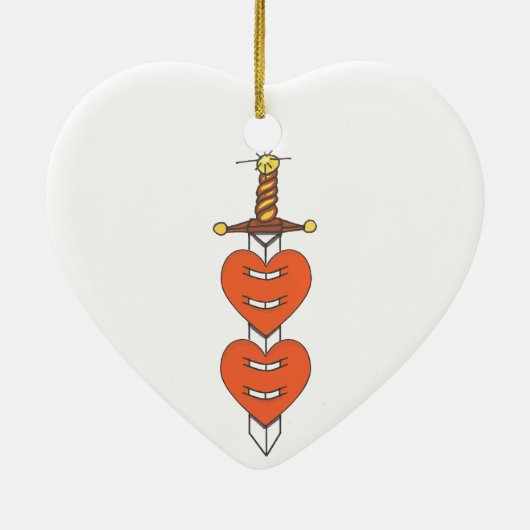 短剣およびハートのクラシックなナイフの入れ墨のデザイン セラミックオーナメント (裏面)