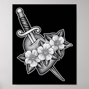 短剣スルーハートX花ブラックワークTattoo Fl ポスター