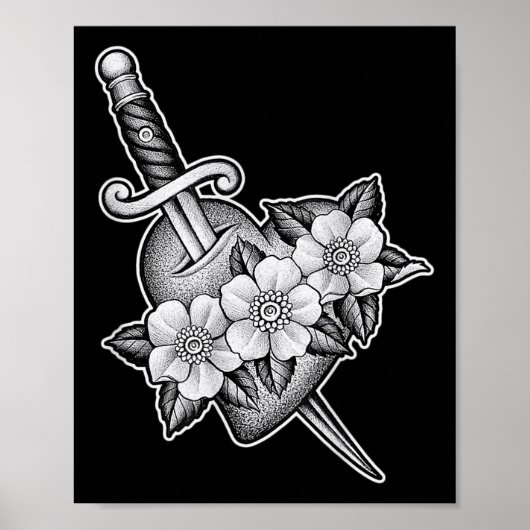 短剣スルーハートX花ブラックワークTattoo Fl ポスター (正面)