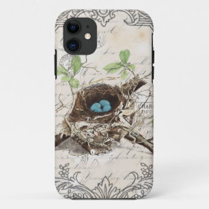 短命なもののフランスのな植物のロビンは鳥の巣に卵を投げつけます iPhone 11 ケース