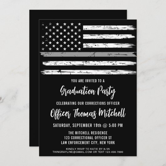 矯正役員薄灰色ライン卒業 招待状 (正面/裏面)