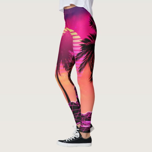 石およびやしを搭載するレトロのvaporwaveの景色 レギンス (左)