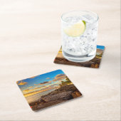 石およびやし| O'Ahu上の海の日没 スクエアペーパーコースター (インサイチュ)