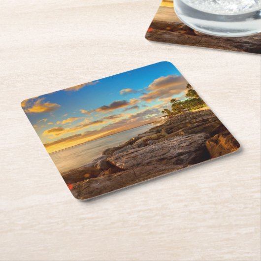 石およびやし| O'Ahu上の海の日没 スクエアペーパーコースター (アングル)