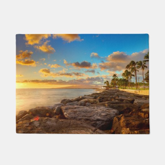 石およびやし| O'Ahu上の海の日没 ドアマット (正面)