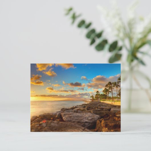 石およびやし| O'Ahu上の海の日没 ポストカード (スタンド正面)
