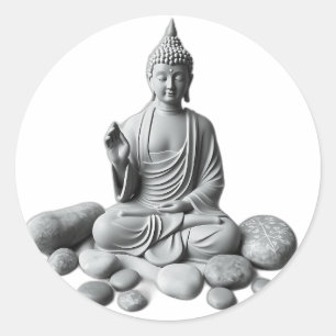 石と植物に囲まれた穏やかな仏像 ラウンドシール