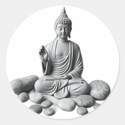 石と植物に囲まれた穏やかな仏像 ラウンドシール (正面)