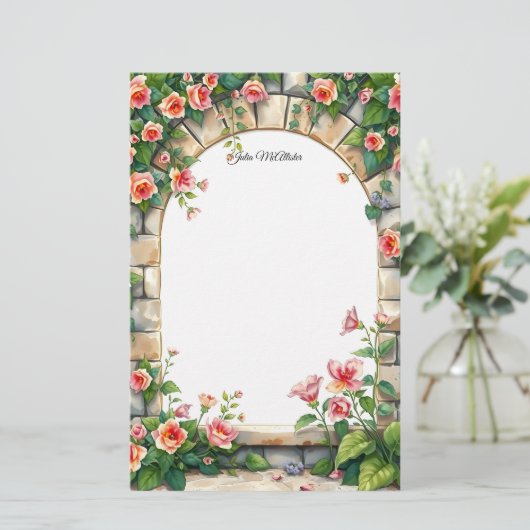 石のアーチの下でロマンチックに咲くバラ 便箋 (スタンド正面)