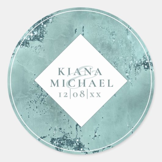 石のグリッター結婚のティール(緑がかった色)ID647 ラウンドシール (正面)