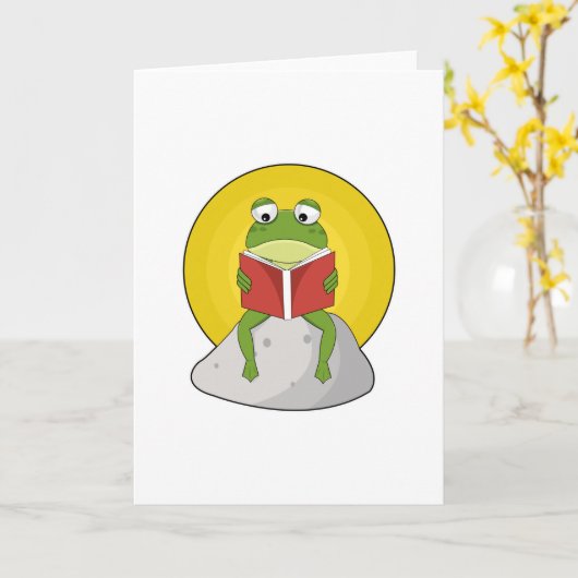 石の上のカエルと本 カード (黄色い花)
