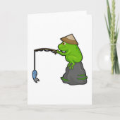 石の上のカエルと釣り竿と魚の釣り カード (正面)