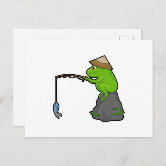 石の上のカエルと釣り竿と魚の釣り ポストカード (正面/裏面)