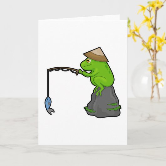 石の上のカエルと釣竿と魚で釣りを楽しむ カード (黄色い花)
