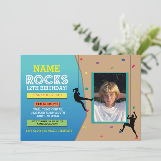 石の壁の登山の誕生会の写真の招待 招待状 (スタンド正面)