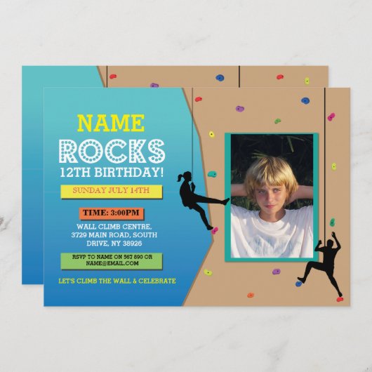 石の壁の登山の誕生会の写真の招待 招待状 (正面/裏面)