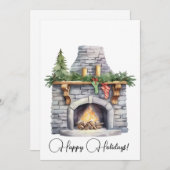 石の暖炉とクリスマスストッキング水色 シーズンカード (正面/裏面)