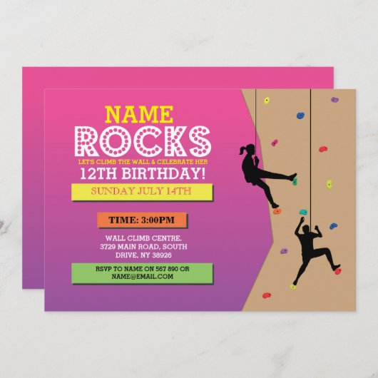 石の登山の誕生会の登山の壁の招待 招待状 (正面/裏面)