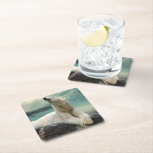 石の白い白くまのハンター スクエアペーパーコースター (インサイチュ)