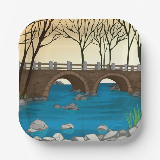 石の素朴橋の川の自然風景 ペーパープレート (正面)