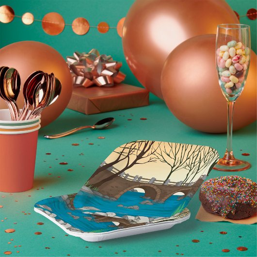 石の素朴橋の川の自然風景 ペーパープレート