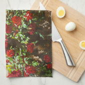 石垣に赤いバラ キッチンタオル (四つ折り)