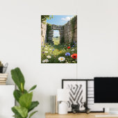 石壁の廃墟の草原の花アート ポスター (ホームオフィス)