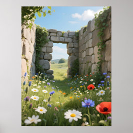 石壁の廃墟の草原の花アート ポスター