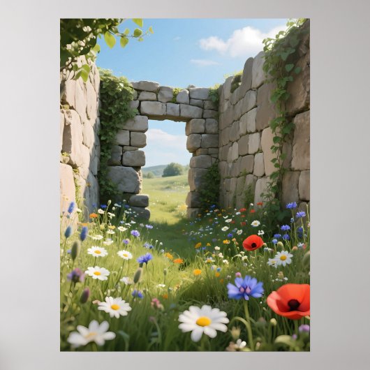 石壁の廃墟の草原の花アート ポスター (正面)