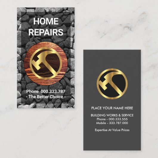 石壁木材プラカード金ゴールドハンマー 名刺 (正面/裏面)