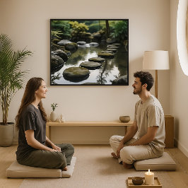 石日本の、水、植物が植えられた庭 ポスター